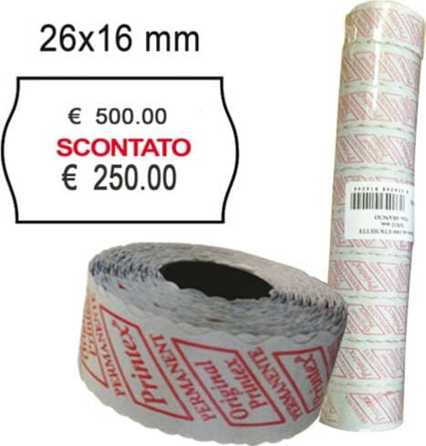 Rotolo da 1000 etichette a onda per Printex Smart 16-2616 - SCONTATO - 26x16 mm - adesivo permanente - bianco - Printex - pack 10 rotoli Cancelleria e prodotti per ufficio/Archivio ufficio e accessori per scrivania/Etichette divisori per schedario e timbri/Etichette ed etichette adesive/Etichette per prezzatrici Eurocartuccia - Pavullo, Commerciovirtuoso.it