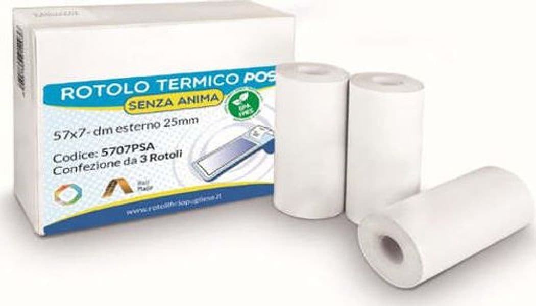 Rotolo per POS e carte di credito - carta termica BPA free - 57 mm x 7 mt - 55 g-m2 - diametro esterno 25 mm - senza anima - Rotolificio Pugliese - blister 3 pezzi Cancelleria e prodotti per ufficio/Elettronica per ufficio/Accessori/Carta in rotoli Eurocartuccia - Pavullo, Commerciovirtuoso.it