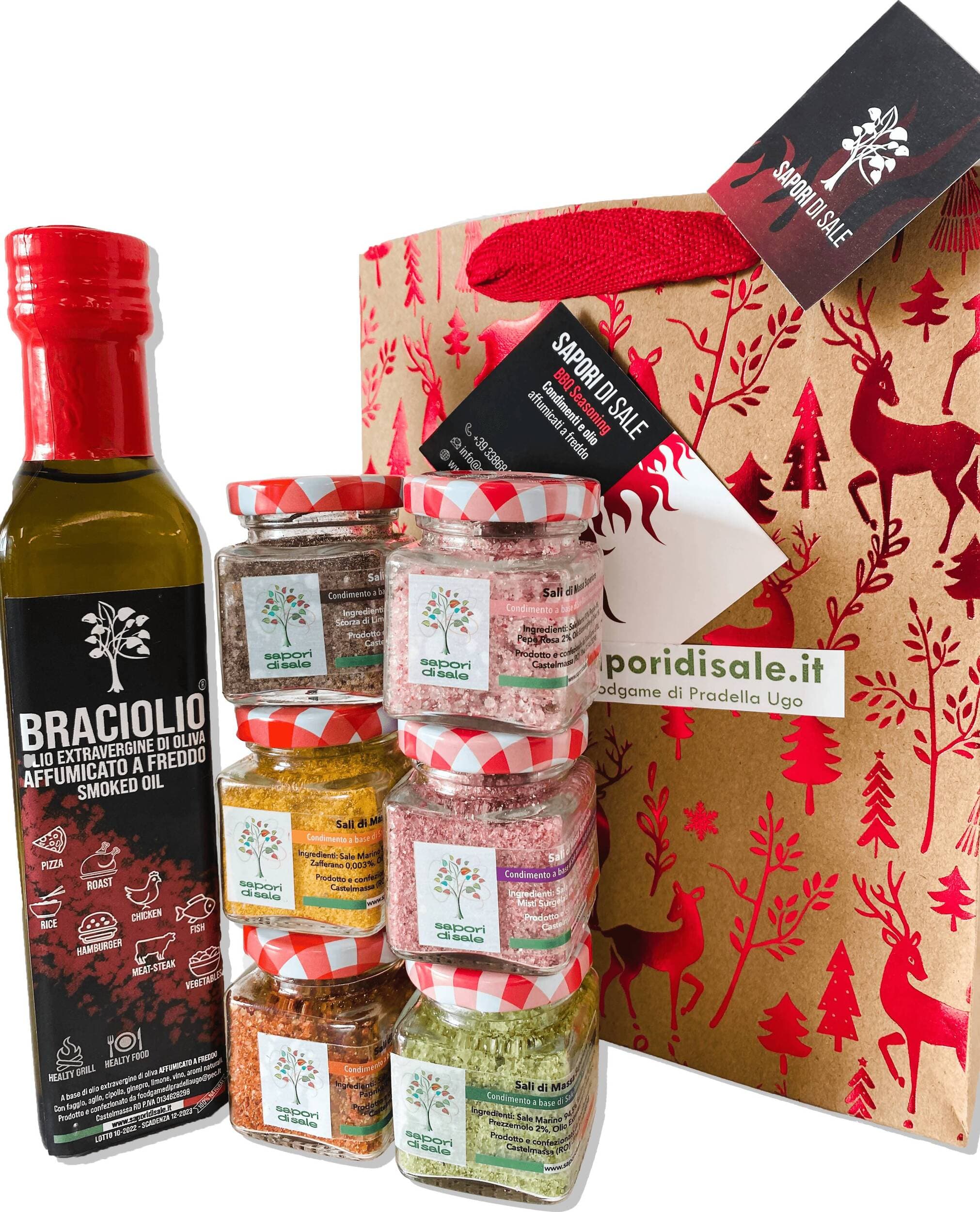 Sapori di Sale Ecopack Natale 25g x6 Sali Aromatizzati Braciolio Olio Extravergine di Oliva Affumicato a Freddo 250cc in Cesti regalo con spezie Foodgame - Castelmassa, commercioVirtuoso.it