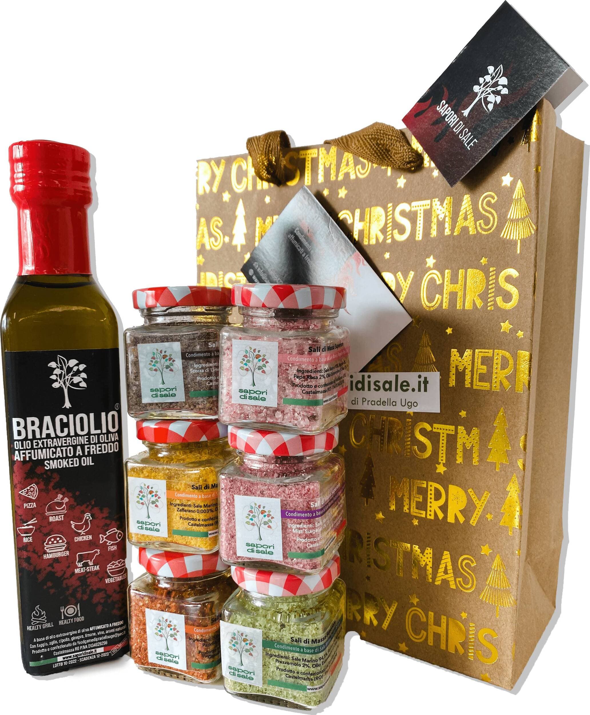 Sapori di Sale Ecopack Natale 25g x6 Sali Aromatizzati Braciolio Olio Extravergine di Oliva Affumicato a Freddo 500cc in Cesti regalo con spezie Foodgame - Castelmassa, commercioVirtuoso.it