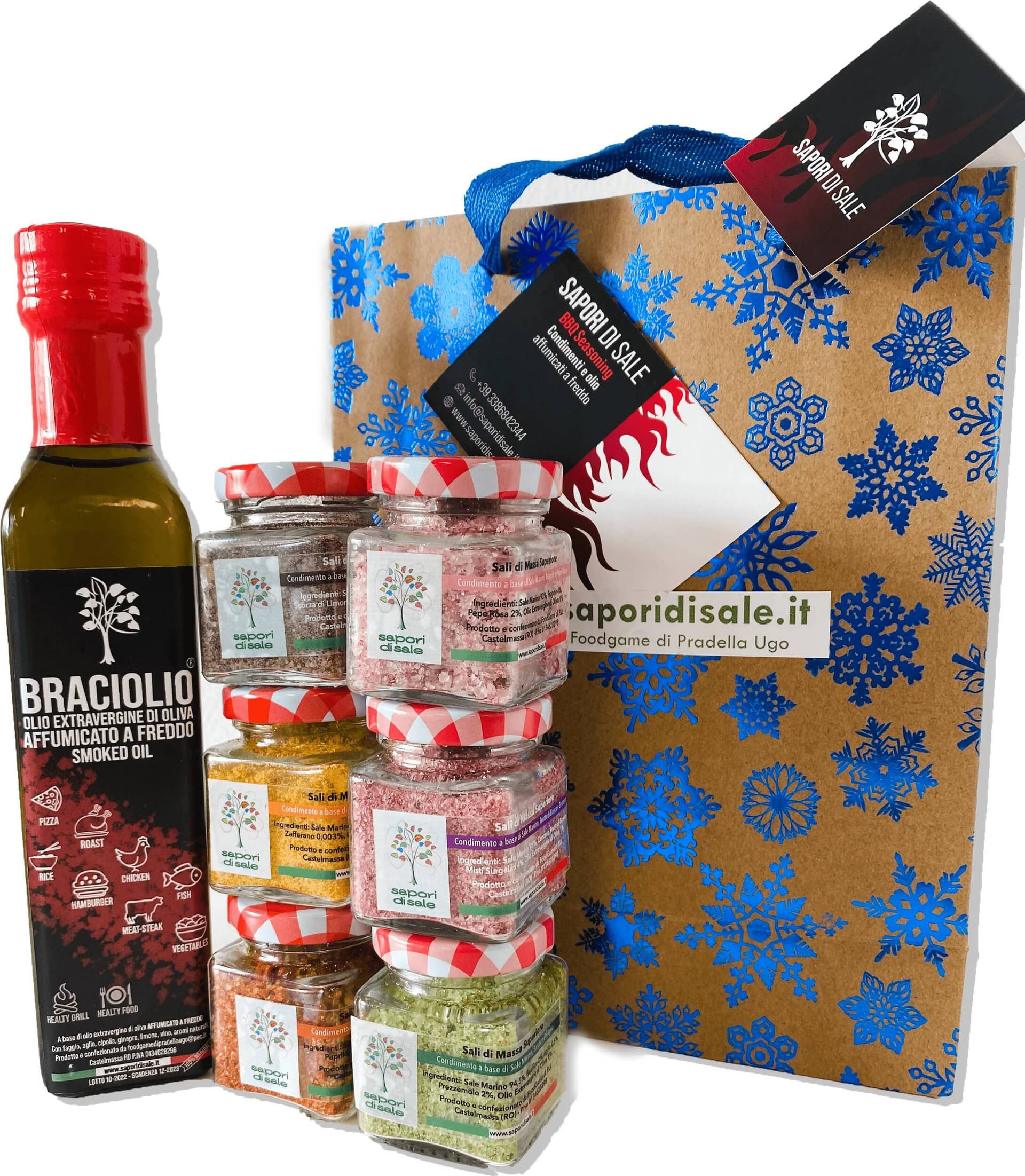 Sapori di sale Ecopack Natale 80g x6 Sali Aromatizzati Braciolio Olio Extravergine di oliva Affumicato a Freddo 100cc in Cesti regalo con spezie Foodgame - Castelmassa, commercioVirtuoso.it