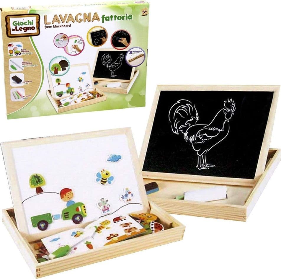 Scatola-Lavagna-In-Legno-2-Lati-Gessetti-Pennarelli-E-Magneti-Animali-Fattoria