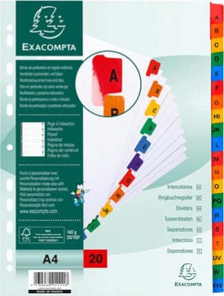 Separatore alfabetico A-Z - cartoncino bianco 160 gr - tasti colorati - A4 - Exacompta Cancelleria e prodotti per ufficio/Archivio ufficio e accessori per scrivania/Archivio ufficio/Cartelle sospese e accessori/Indici per cartelle sospese Eurocartuccia - Pavullo, Commerciovirtuoso.it