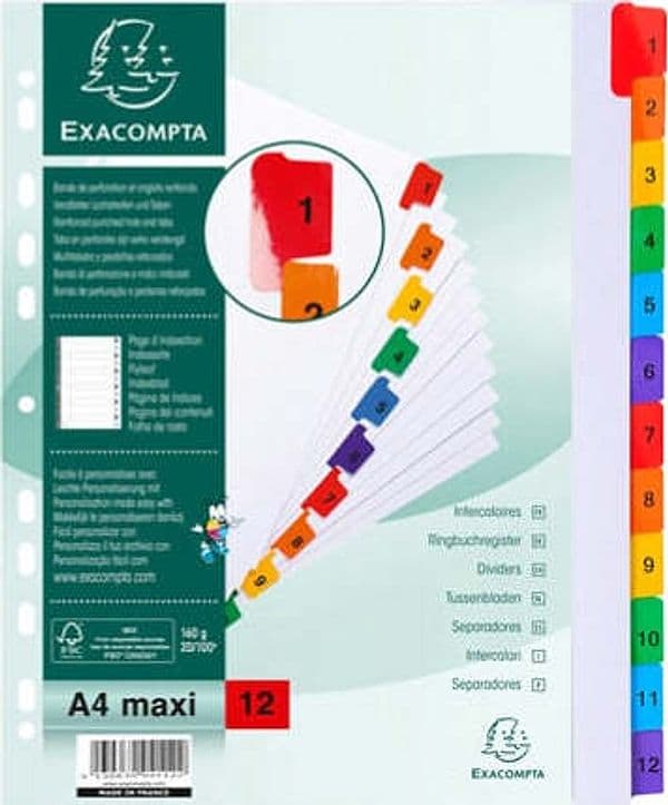 Separatore numerico 1-12 - cartoncino bianco 160 gr - tasti colorati - A4 maxi - Exacompta Cancelleria e prodotti per ufficio/Archivio ufficio e accessori per scrivania/Archivio ufficio/Cartelle sospese e accessori/Indici per cartelle sospese Eurocartuccia - Pavullo, Commerciovirtuoso.it
