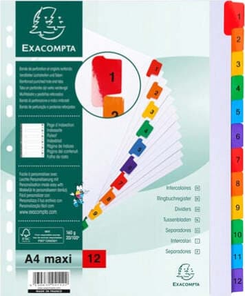 Separatore numerico 1-12 - cartoncino bianco 160 gr - tasti colorati - A4 maxi - Exacompta Cancelleria e prodotti per ufficio/Archivio ufficio e accessori per scrivania/Archivio ufficio/Cartelle sospese e accessori/Indici per cartelle sospese Eurocartuccia - Pavullo, Commerciovirtuoso.it