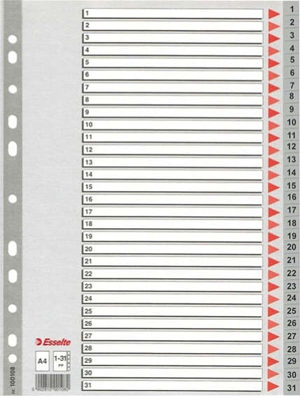 Separatore numerico 1-31 - PPL - A4 - grigio - Esselte Cancelleria e prodotti per ufficio/Archivio ufficio e accessori per scrivania/Archivio ufficio/Cartelle sospese e accessori/Indici per cartelle sospese Eurocartuccia - Pavullo, Commerciovirtuoso.it