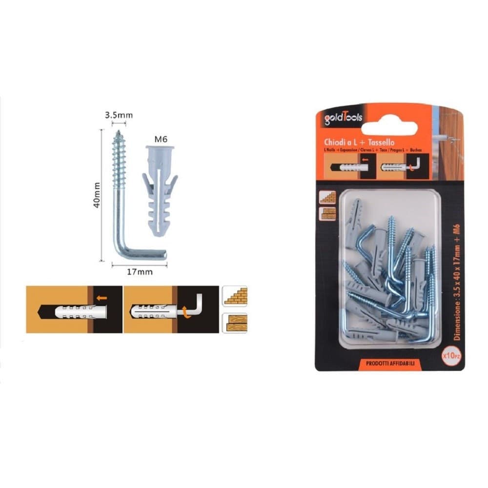 Set 10 Pezzi Chiodi Viti A L 3.5x40x17mm + Tasselli Con Alette Tassello M6 90799 Fai da te/Utensili elettrici e a mano/Accessori per utensili elettrici/Elementi di fissaggio/Chiodi a fascia collata/Chiodi di finitura Trade Shop italia - Napoli, Commerciovirtuoso.it