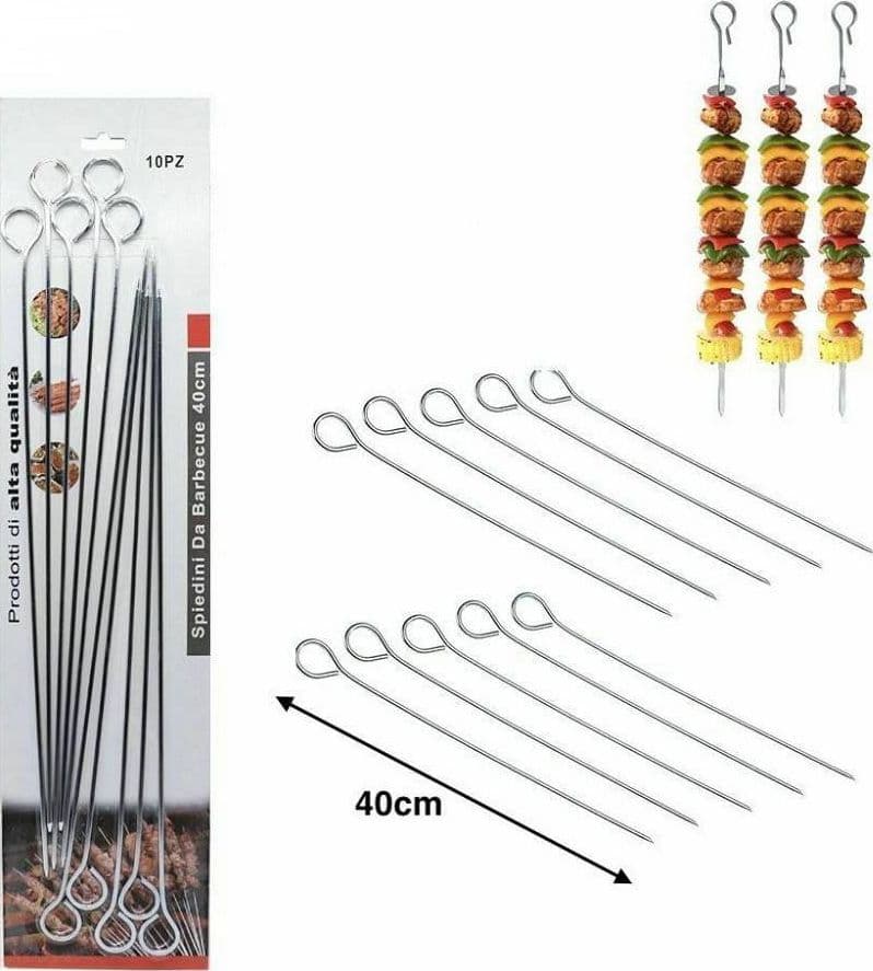SET 10 PZ SPIEDINI IN ACCIAIO PER BARBECUE BBQ PIASTRA CUCINA LUNGHEZZA 40CM