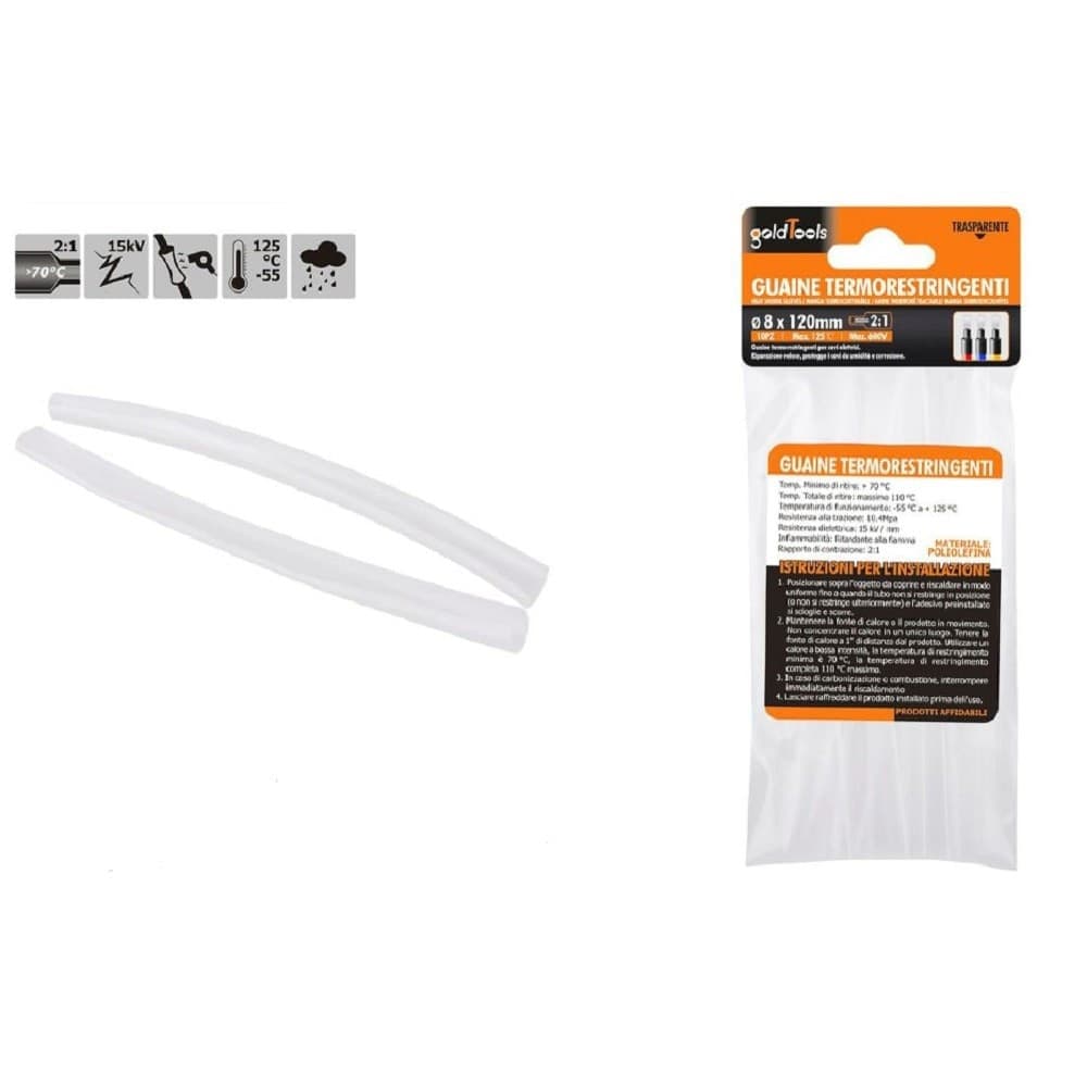 Set 10pz Guaine Termorestringenti Termoretrattili Trasparenti 8x120mm Cavi 57074 Fai da te/Materiale elettrico/Gestione del cavo/Guaine per cavi Trade Shop italia - Napoli, Commerciovirtuoso.it