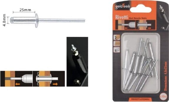 SET 10PZ RIVETTI RIVETTO 4.8X25MM ACCESSORI BRICOLAGE FERRAMENTA FAI DA TE 90825