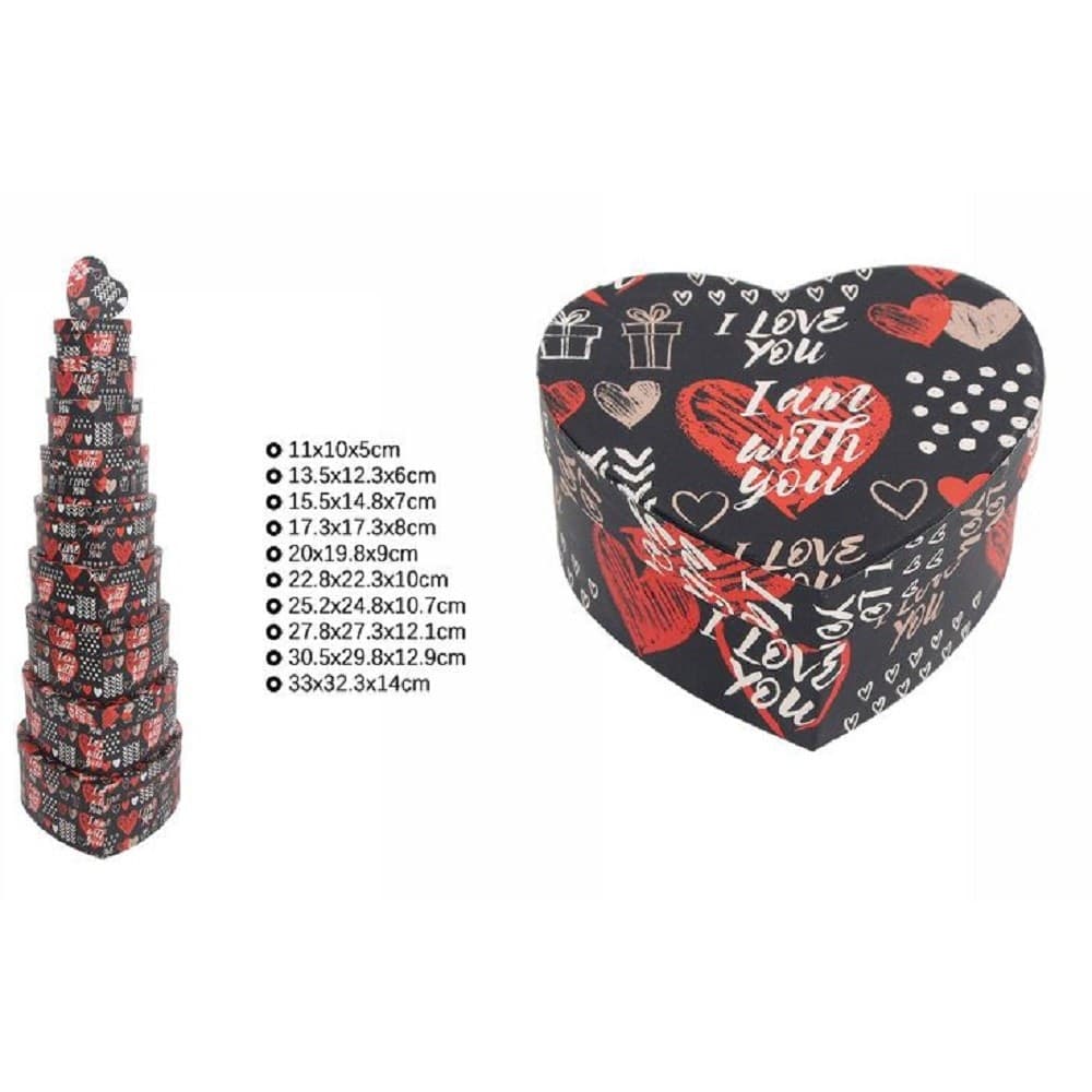 Set 10pz Scatole Box Regali Varie Misure Matrioska Forma Cuore Nera Scritte 71970 Casa, arredamento e bricolage > Prodotti per Feste Trade Shop italia - Napoli, Commerciovirtuoso.it