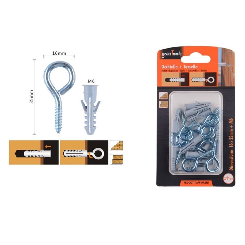 Set 11pz Vite A Occhiello Chiuso 16x35mm + Tasselli Con Alette Tassello M6 90726 Fai da te/Ferramenta/Chiodi viti ed elementi di fissaggio/Kit di bulloni e dadi Trade Shop italia - Napoli, Commerciovirtuoso.it