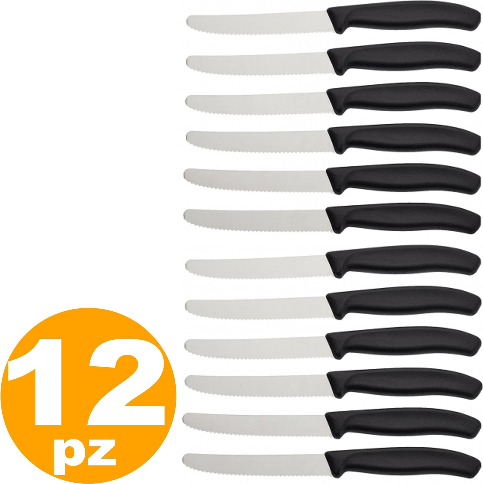 SET 12 COLTELLI DA TAVOLA CUCINA IN ACCIAIO INOX MANICO NERO RIVESTIMENTO