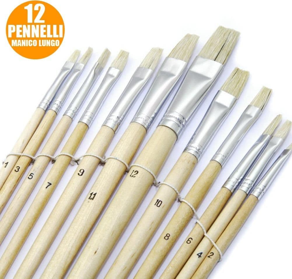 SET 12 PENNELLI PIATTI MANICO LEGNO LUNGO SPESSORE 1-12MM HOBBY PITTURA Trade Shop italia - Napoli, Commerciovirtuoso.it