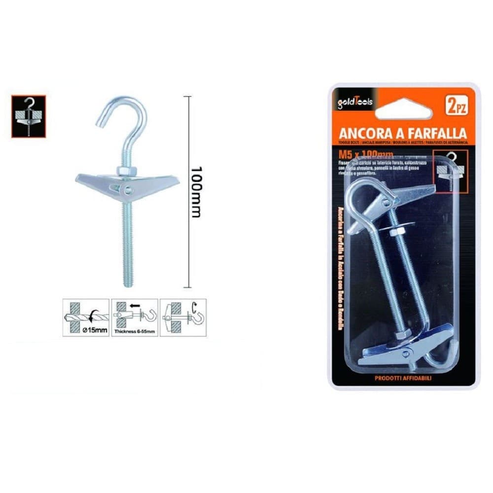 Set 2 Pz Ancora A Farfalla Con Gancio Acciaio Con Dado Rondella M5x100 Mm 57229 Fai da te/Ferramenta/Chiodi viti ed elementi di fissaggio/Bulloni/Bulloni di espansione Trade Shop italia - Napoli, Commerciovirtuoso.it