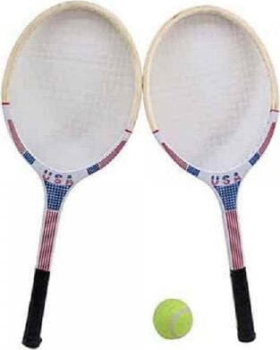 SET 2 RACCHETTE DA TENNIS LEGNO USA BANDIERA AMERICANA CON PALLINA VERDE 61 CM