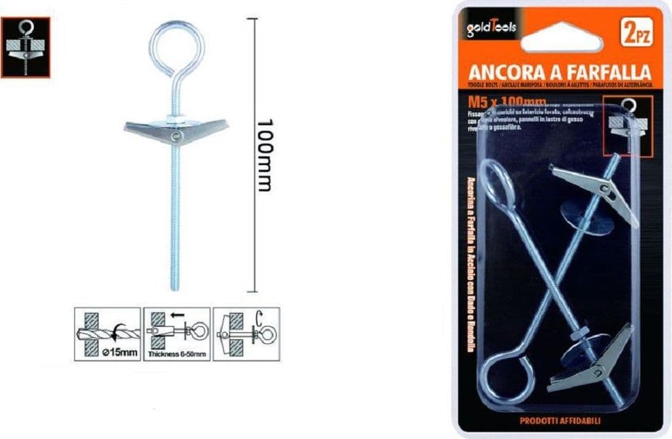 Set 2pz Ancora Farfalla Con Occhiolo Chiuso Acciaio Dado Rondella M5x100mm 57233 Fai da te/Ferramenta/Chiodi viti ed elementi di fissaggio/Bulloni/Bulloni di espansione Trade Shop italia - Napoli, Commerciovirtuoso.it