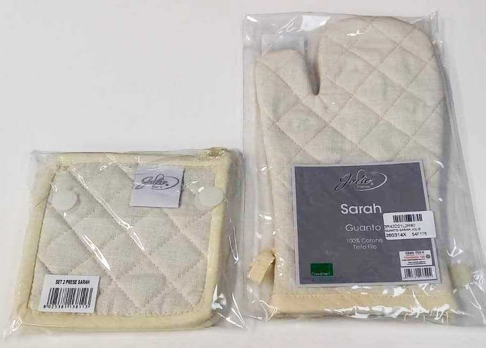 SET 3 PEZZI GUANTO + 2 PRESE COTONE LINEA JOLIE VARI COLORI