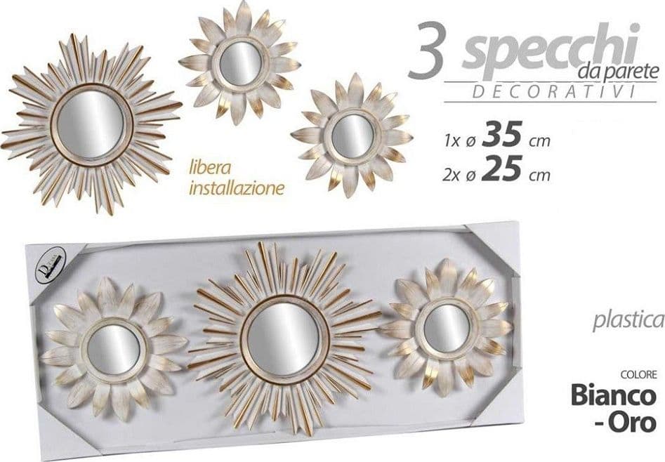 Set 3 Pz Specchi Parete Bianco Oro 25/35 Cm Plastica Libera Installazione 823909 Casa e cucina/Decorazioni per interni/Specchi/Specchi da parete Trade Shop italia - Napoli, Commerciovirtuoso.it