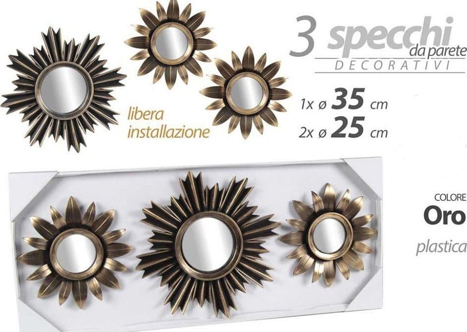 Set 3 Specchi Parete Decorativi Oro 25/35cm Plastica Libera Installazione 823893 Casa e cucina/Decorazioni per interni/Specchi/Specchi da parete Trade Shop italia - Napoli, Commerciovirtuoso.it
