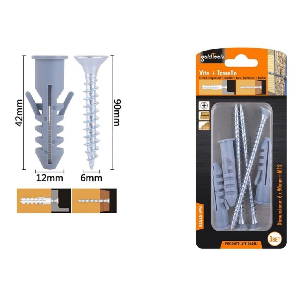 Set 3pz Viti Vite Croce 6x90 Mm + Tasselli Con Alette Tassello M12 Fischer 57576 Fai da te/Materiale elettrico/Cablaggio di superficie/Tubi Trade Shop italia - Napoli, Commerciovirtuoso.it
