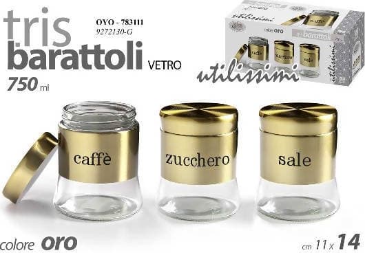 Set 3x Barattoli Da Cucina Tris Barattoli Da Cucina Utilissimi Caffe' Zucchero Sale Vaso in Vetro Con Coperchio per Condimenti Oro 750 Ml Made in Italy