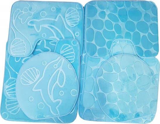 SET 4PZ TAPPETO AZZURRO BAGNO WC COPRISEDILE ANTISCIVOLO MEMORY FOARM DELFINI/SASSI