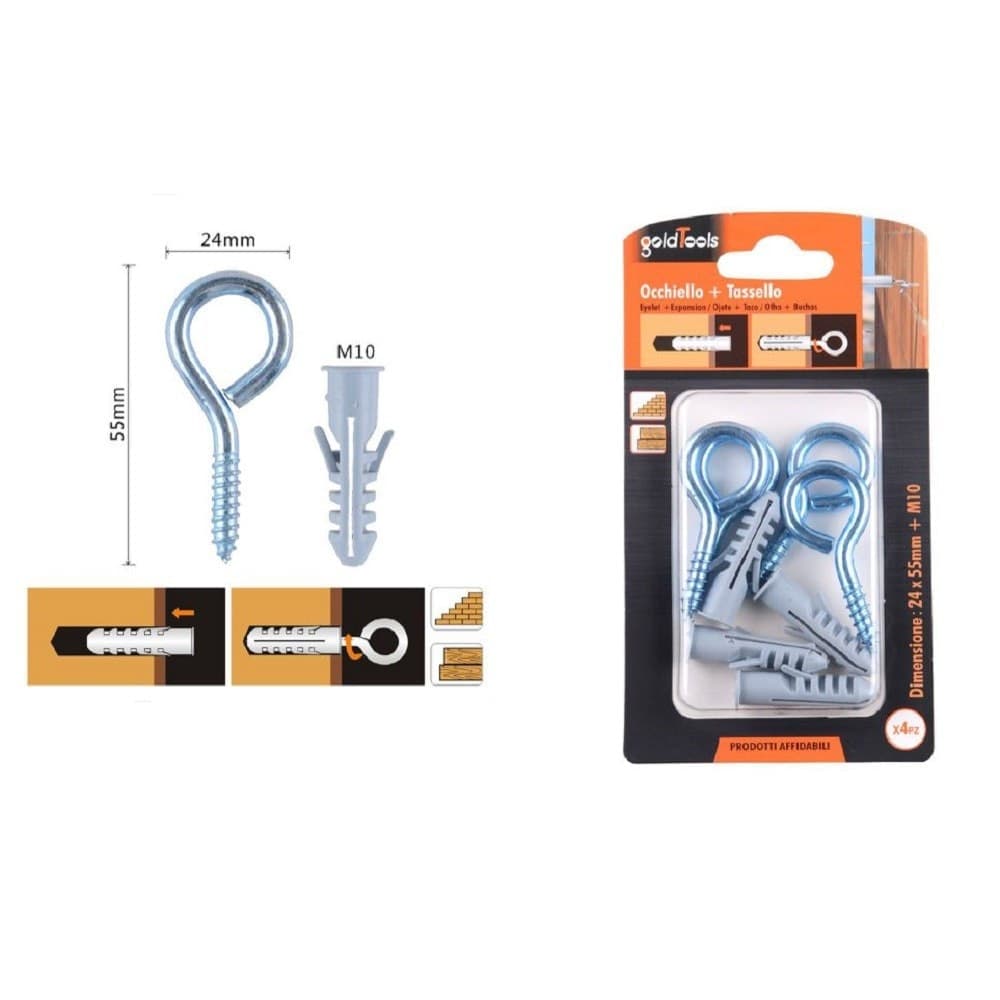 Set 4pz Vite A Occhiello Chiuso 24x55mm + Tasselli Con Alette Tassello M10 90728 Fai da te/Ferramenta/Chiodi viti ed elementi di fissaggio/Kit di bulloni e dadi Trade Shop italia - Napoli, Commerciovirtuoso.it