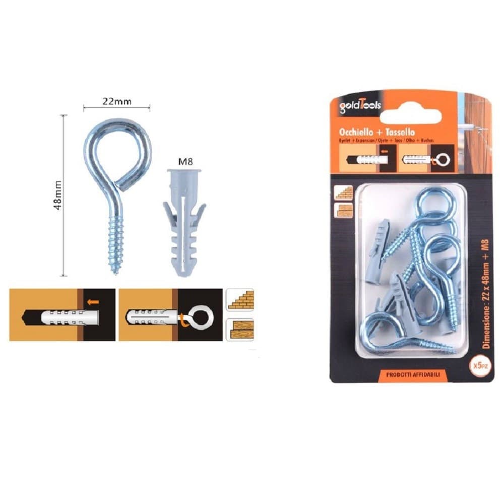 Set 5pz Vite A Occhiello Chiuso 22x48mm + Tasselli Con Alette Tassello M8 90725 Fai da te/Ferramenta/Chiodi viti ed elementi di fissaggio/Kit di bulloni e dadi Trade Shop italia - Napoli, Commerciovirtuoso.it