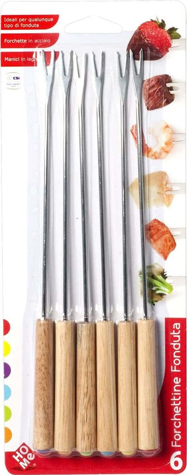 Set 6 forchette fonduta con manico in legno chiaro