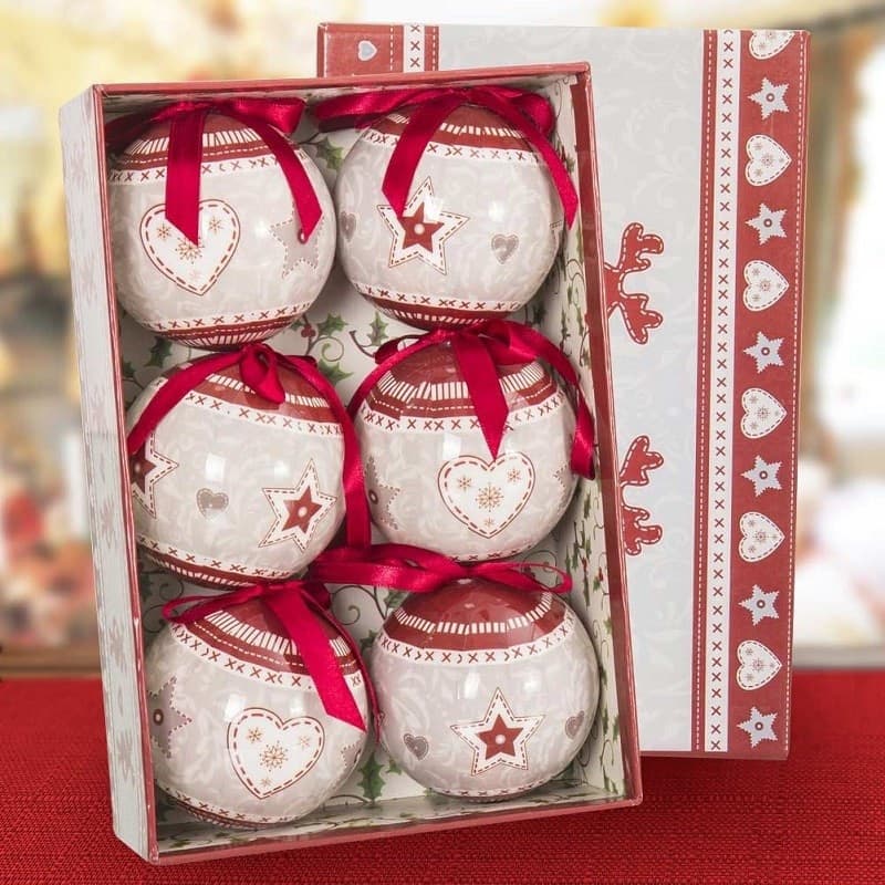 SET 6 PALLINE NATALIZIE STAMPA CUORE STELLE 7,5CM CON NASTRO DECORAZIONI NATALE Trade Shop italia - Napoli, Commerciovirtuoso.it
