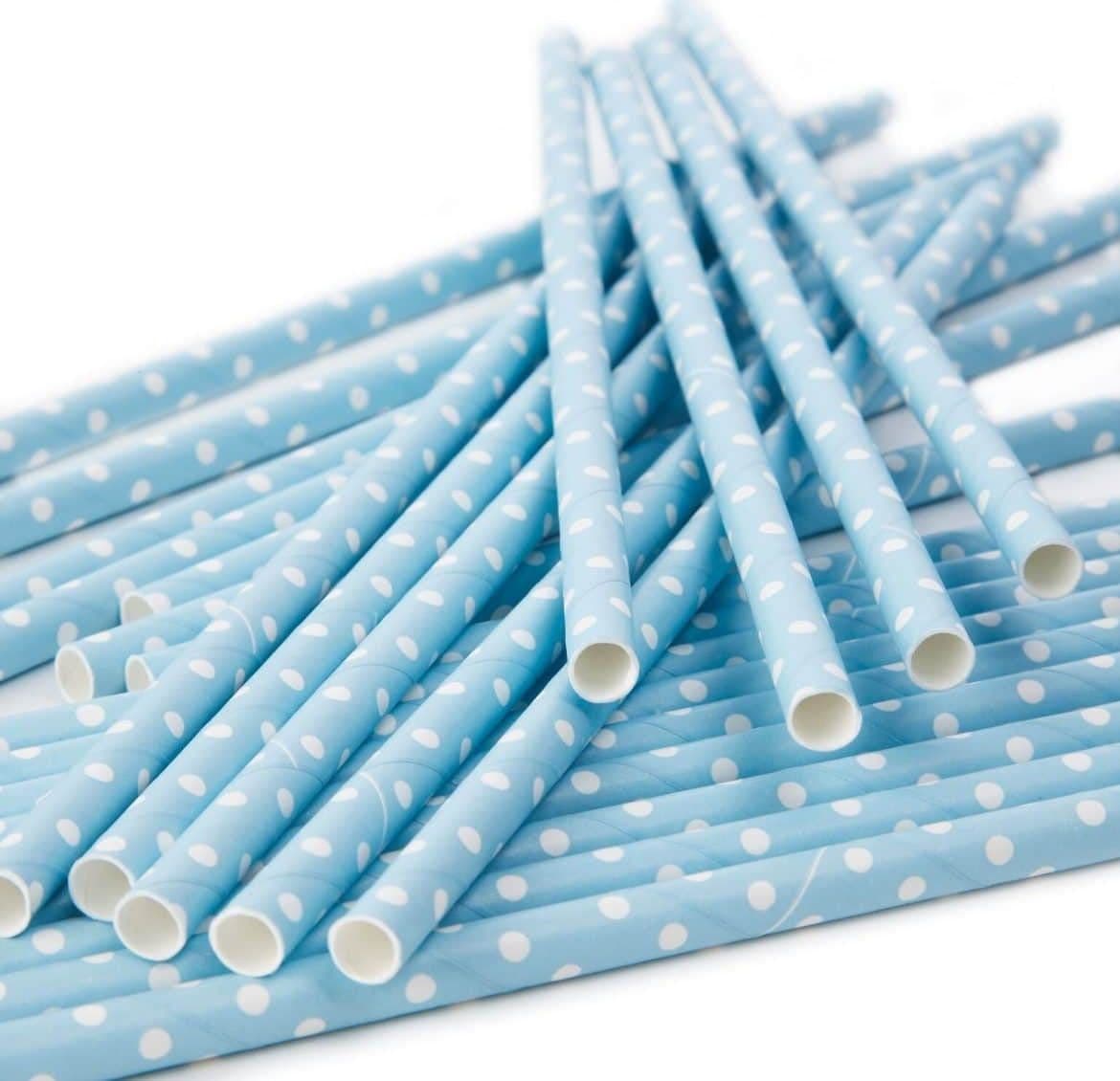 SET 60 PEZZI CANNUCCE AZZURRO POIS 20CM CARTA CANNUCCIA COMPLEANNO PARTY FESTA