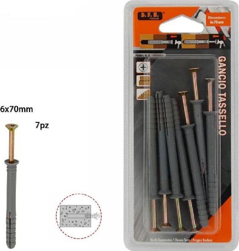 Set 7 Pezzi Tasselli Fisher Viti Vite Chiodi Gancio Tassello Misura 6x70mm 69050 Fai da te/Ferramenta/Chiodi viti ed elementi di fissaggio/Tasselli/Tasselli a espansione Trade Shop italia - Napoli, Commerciovirtuoso.it