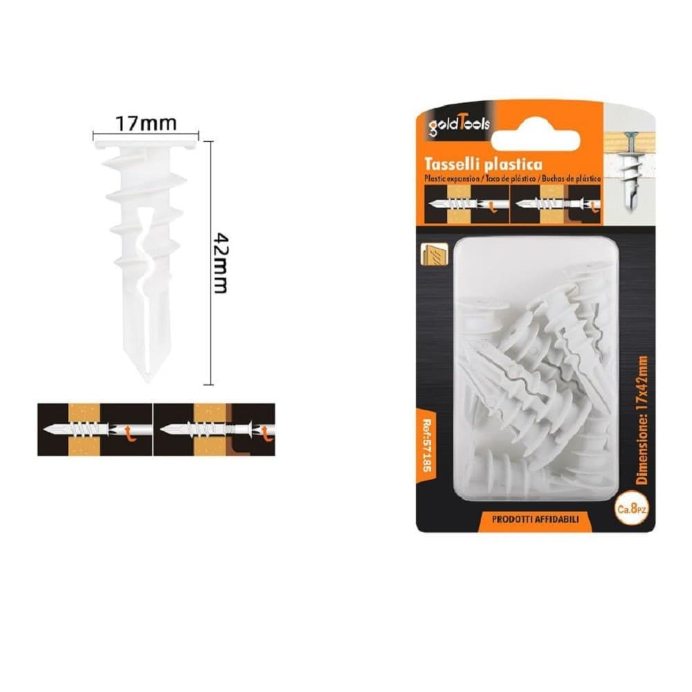 Set 8 Pezzi Tasselli In Plastica Tassello Fischer Fissaggio Viti 17x42 Mm 57185 Fai da te/Ferramenta/Chiodi viti ed elementi di fissaggio/Tasselli/Tasselli a espansione Trade Shop italia - Napoli, Commerciovirtuoso.it