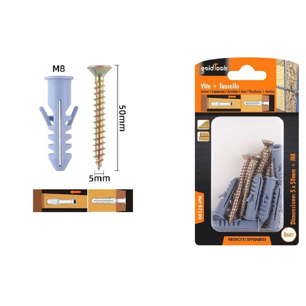 Set 9 Pezzi Viti Vite 5 X 50 Mm + Tasselli Con Alette Tassello M8 Fischer 57199 Fai da te/Ferramenta/Chiodi viti ed elementi di fissaggio/Kit di bulloni e dadi Trade Shop italia - Napoli, Commerciovirtuoso.it