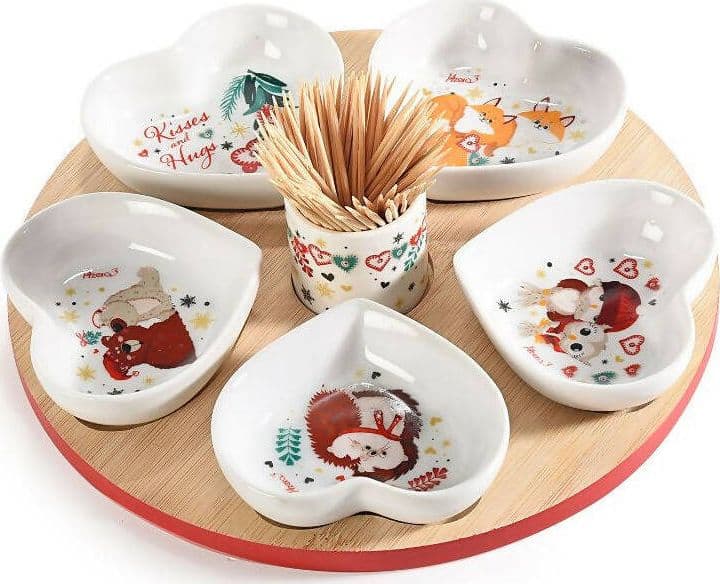 Set Aperitivo Natalizio 5 Coppette a Cuore in Porcellana Su Vassoio in Legno Casa e cucina/Stoviglie/Piatti ciotole e vassoi/Piatti per servire/Vassoi/Vassoi per aperitivi e tapas Sogno Shop - Assisi, Commerciovirtuoso.it