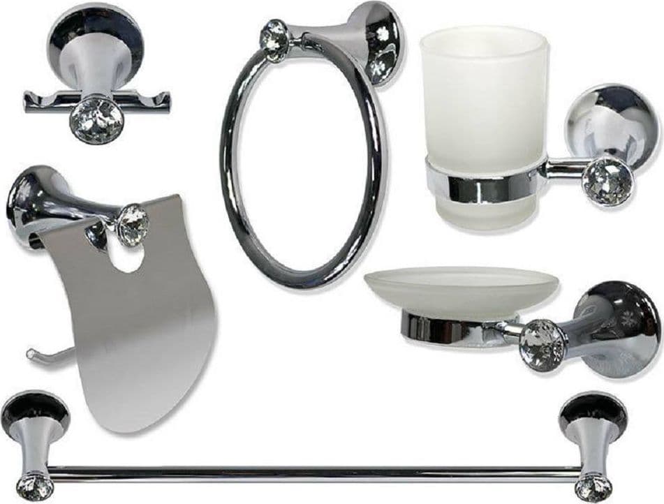 Set-Bagno-6-Pz-Acciaio-E-Vetro-Punti-Luce-Cristalli-Porta-Rotolo-Saponetta-52437