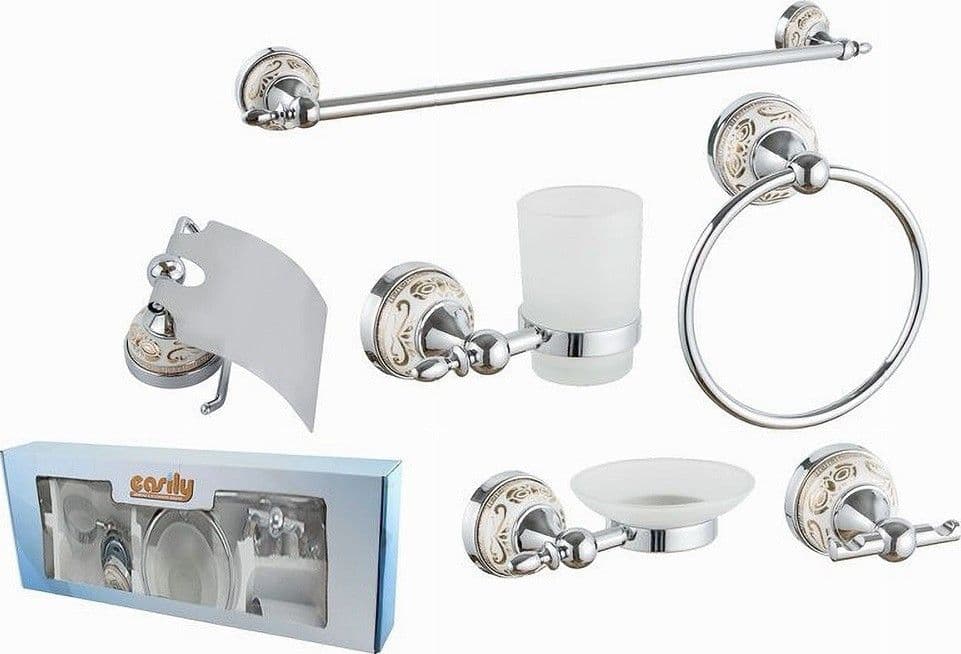 Set-Bagno-6pz-Acciaio-Vetro-Ceramica-Decorazioni-Oro-Portarotolo-Saponetta-52436