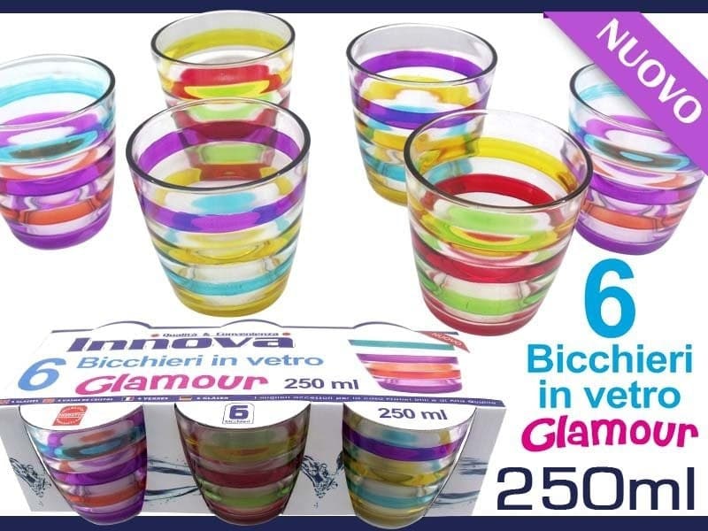 Set Bicchieri In Vetro Con Righe Colorate Glamour 6 Pezzi Da 250 Ml Colorati