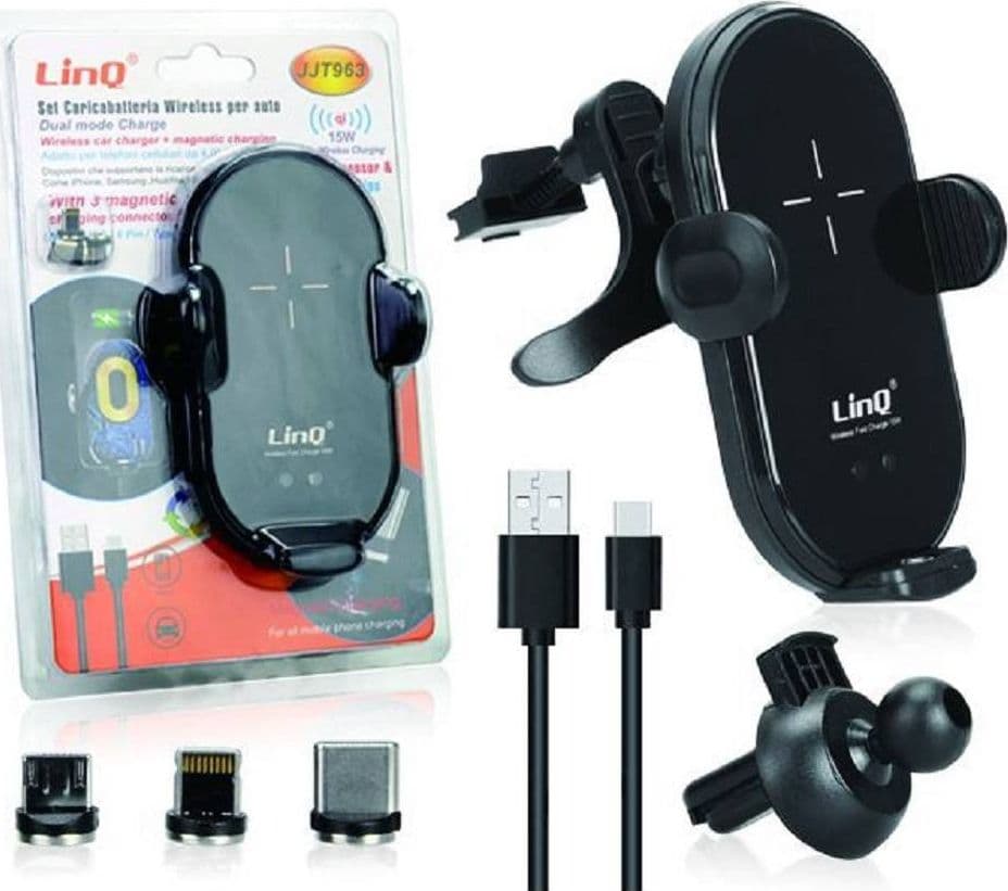 SET CARICABATTERIA WIRELESS PER AUTO 15W SMARTPHONE 3 CONNETTORI MAGNETICI JJT963