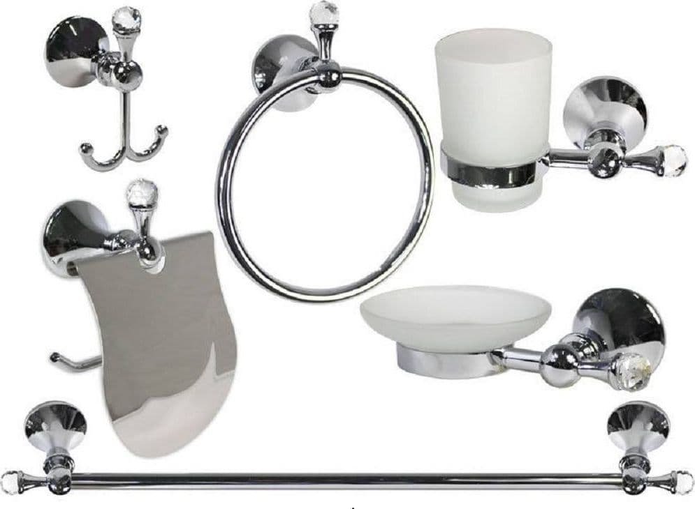 Set-Da-Bagno-In-Acciaio-Cromato-E-Vetro-Satinato-6-Pz-Con-Punti-Luce-Cristalli
