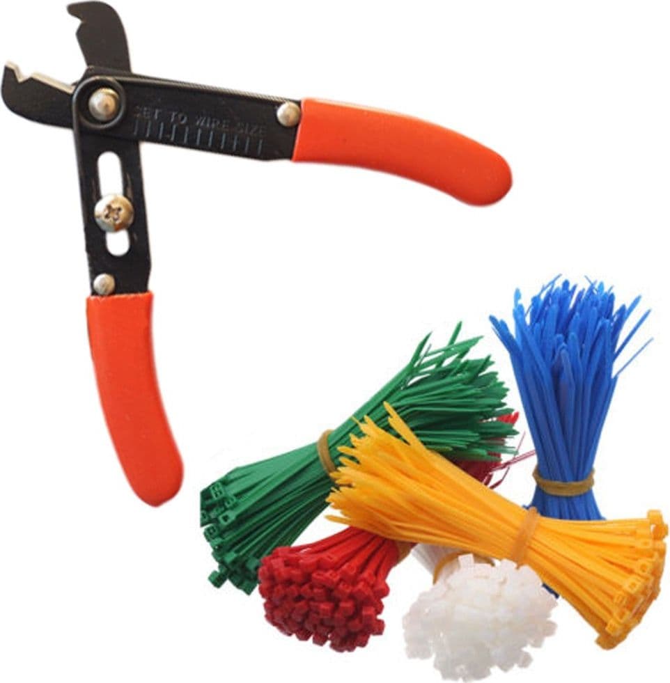 SET DI 200 FASCETTE COLORATE STRINGI FILO FERMA CAVO CON PINZA CUTTER TRANCIACAVI STRIPPER
