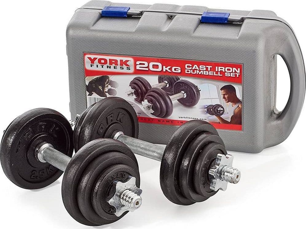 Set-Di-Manubri-In-Ghisa-York-Fitness-20kg-Foratura-2,54cm-Allenamento-Palestra