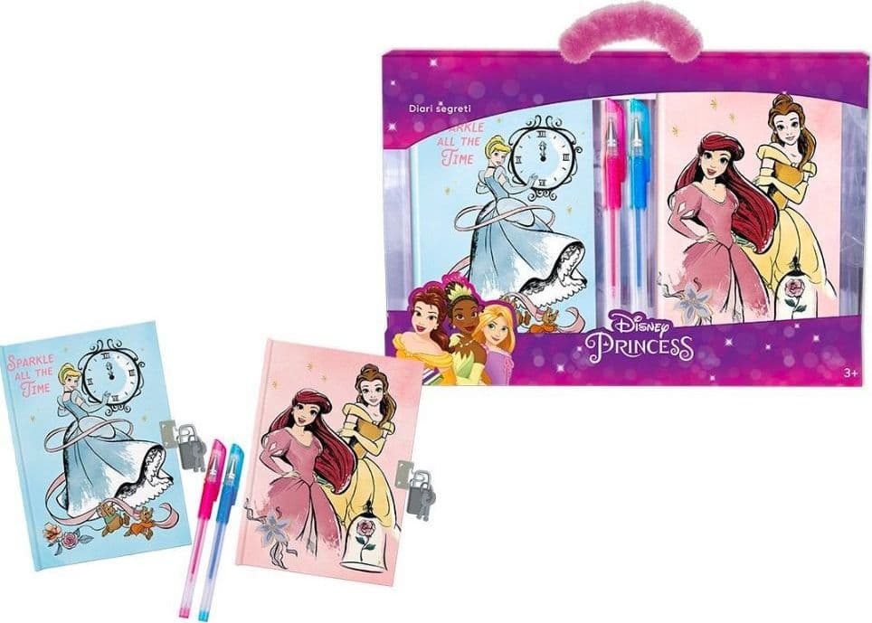 SET DIARI SEGRETI PRINCIPESSE DISNEY LUCCHETTO CHIAVI PENNE GLITTERATE COLORATE