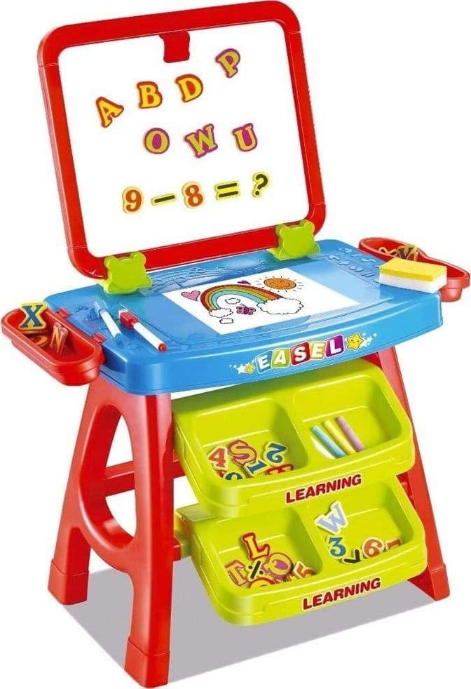 Set-Lavagna-Con-Piano-Disegno-E-Cavalletto-Rosso-Con-Accessori-Numeri-E-Lettere