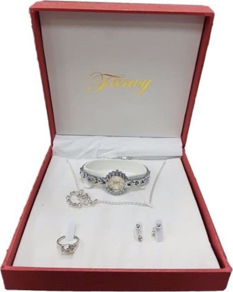 Set-Regalo-Per-Donna-Orologio-Orecchini-Collana-Anello-In-Cofanetto-Elegante