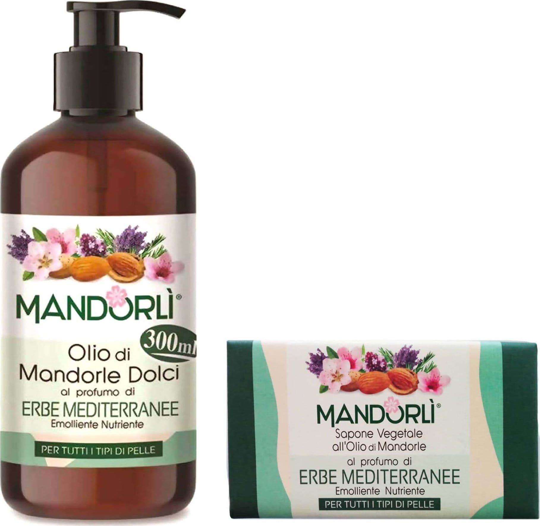 Set Saponi Mandorlì Olio Di Mandorle Dolci Al Profumo Di Erbe Mediterranee 300 Ml + Sapone Vegetale Solido Al Profumo Di Erbe Mediterranee 100g in Bagnoschiuma docciaschiuma e gel doccia Farmacia Centrale M.le Iadevaia - Maddaloni, commercioVirtuoso.it