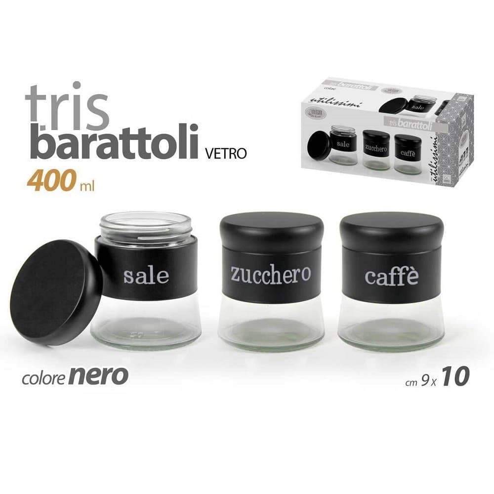 Set Tris Barattoli Sale Zucchero Caff? Metallo In Vetro 400ml Nero 9x10cm 816598 Casa e cucina/Organizzazione interni/Contenitori e barattoli da cucina/Vasetti e barattoli per conserve/Set di barattoli e coperchi Trade Shop italia - Napoli, Commerciovirtuoso.it
