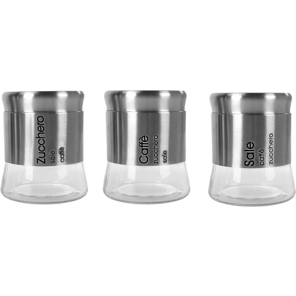 SET TRIS DI BARATTOLI SALE ZUCCHERO CAFFÈ IN ACCIAIO VETRO ACCESSORI CUCINA in Barattoli e contenitori Trade Shop italia - Napoli, commercioVirtuoso.it