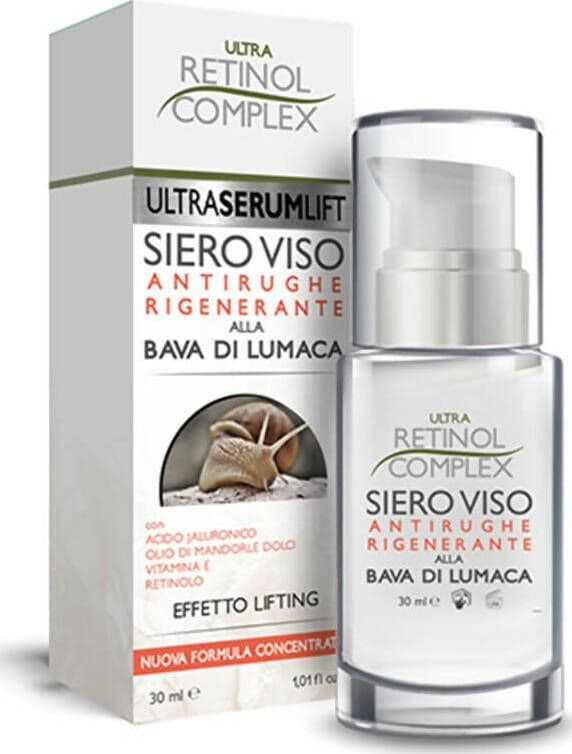 Siero-viso-antirughe-rigenerante-con-bava-di-lumaca-arricchito-con-acido-jaluronico-olio-di-mandorle-e-vitamina-e-ultra-retinol-complex